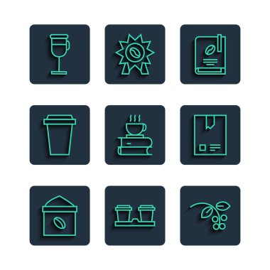 Fasulye taneli kahve fincanı sırasına dizilsin. Fasulye dalı, İrlandalı ve ikon olsun. Vektör.