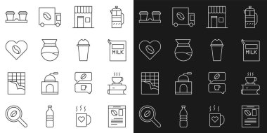 Sütçü dükkânı için Gazete ve Kahve fincanı kağıdı paketini hazırla. Aşıkların üzerine dök ve milkshake ikonunu koy. Vektör.