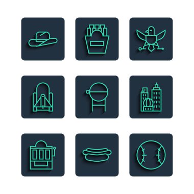 Batılı kovboy şapkası ve şehir peyzajı ikonundan Slot makinesi Hotdog sandviç topu Kartal Barbekü Izgara Roketi fırlatılışı. Vektör.