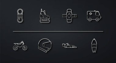 Hat dağcı halatı dağ bisikleti ambulansı ve Formula 1 yarış arabası Miğfer Pateni Sörf tahtası ve dizlik ikonu. Vektör.