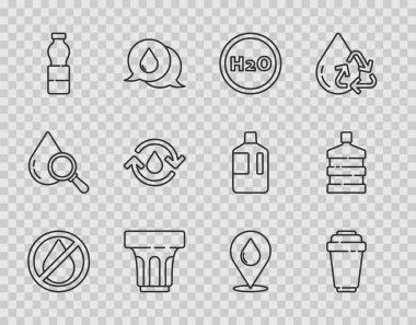 Su damlası yasaklı filtre kartuşu kimyasal formül H2O Glass 'ı su şişesi temiz su ve büyük şişe ikonu ile ayarlayın. Vektör.