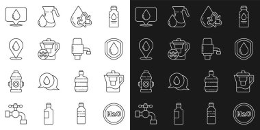 H2O Su testisi için su geçirmez filtresi temiz su damlası konumu ve mekanik pompa su ikonu ile kimyasal formül ayarlayın. Vektör.