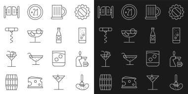 Bir çatallı bira musluğuna salatalık turşusu ve su tahtadan bira bardağına cam Effervescent tabletleri koktail şarap tirbuşon bar kapısı ve şişe ikonu koyun. Vektör.