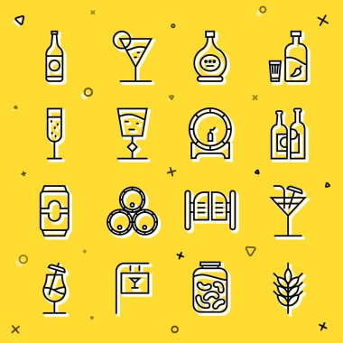 Hop Cocktail Şarabı Konyak ya da Brandy Glass Bardak Şampanyası Bira Şişesi ve tahta fıçı. Vektör.