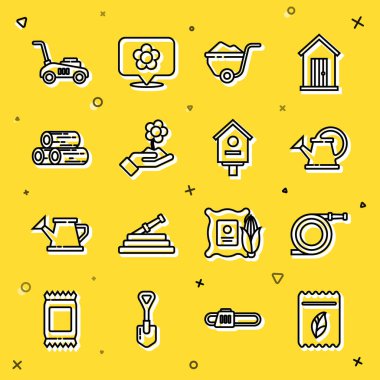 Bitki bahçesi hortumu ya da itfaiye hortumu tohumlarıyla dolu bir sıra oluştur. Çim biçme makinesi, çim biçme makinesi ve kuş evi ikonu taşıyan kirli elli el arabası. Vektör.