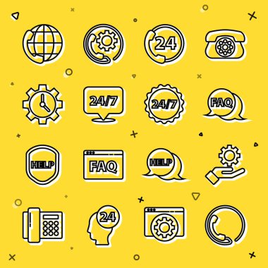 Telefon hattını SSS Saat Yönetimi ve simgesi ile birlikte konuşma balonunda 24 saat destek ayarları ayarla. Vektör.