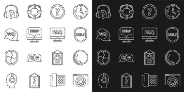 Satır Tarayıcı ayarları Telefon 24 saat metin Yardım Sorgusu İşaretli Bilgisayar monitörü ile Shield desteklemek ve Konuşma köpüğü SSS kulaklıkları ve simgesi yardım. Vektör.