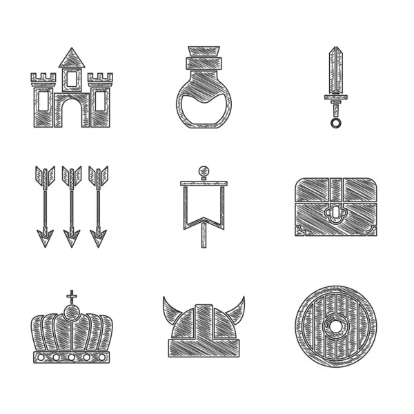 Set Bandeira Medieval Viking Capacete Com Chifres Escudo Madeira Redondo — Vetor de Stock
