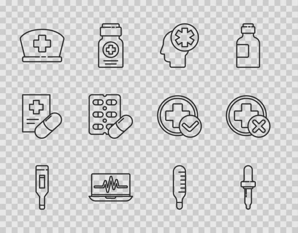 Set Line Thermomètre Numérique Médical Pipette Tête Masculine Avec Cardiogramme — Image vectorielle