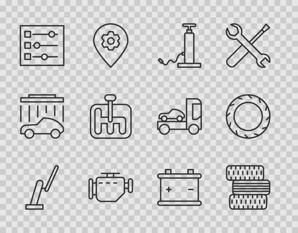 設定ラインWinscreenワイパー車タイヤホイール空気ポンプエンジンの設定を確認してくださいギアシフターバッテリーとアイコン ベクトル — ストックベクタ