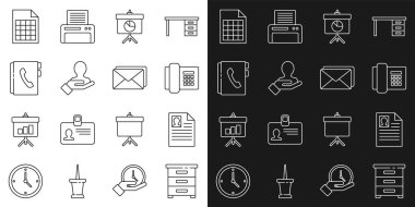 Dosya Dosyası ve Zarf simgesi için Arama Kişileri Adres Defteri Dosyası El diyagramını belgelerle birlikte satır çekmecesini ayarla. Vektör.