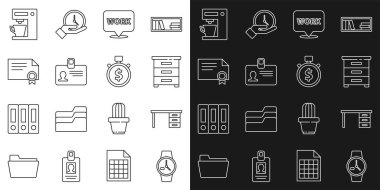 Bileklik izleme masası çekmecesini ayarlayın. Konum, metin, kimlik kartı, kahve makinesi şablonu ve zaman para ikonu. Vektör.