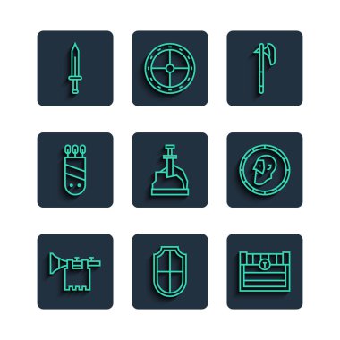 Trumpet hattını bayraklı antik hazine sandığı Ortaçağ balta kılıcını Quiver ok kılıcına ve Kadim madeni para ikonuna yerleştir. Vektör.