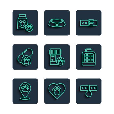 Hayvan ayak izli veteriner kalbi, tasma, köpek ilacı, ilaç torbası ve evcil hayvan çantası ikonu. Vektör.