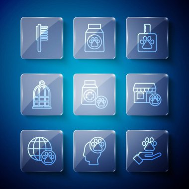 Hayvanlar için ayakizi Elleri Hayvanların Ayakizi, Yemek Kafesi, Kuşlar için Evcil Hayvan Şişesi Tıbbi ve Veteriner Hastanesi ikonu. Vektör.