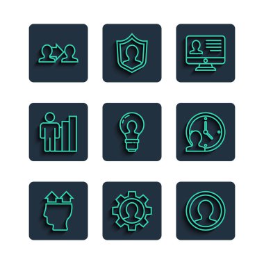 Hat İnsan Kullanıcısı 'nı ayarlayın. Ekran monitörü oluşturun. Baş lamba ampulü, Üretken İnsan Projesi ekip tabanı ve Zaman Yönetimi simgesi oluşturun. Vektör.