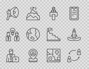 İş adamı İnsan Kaynakları Sahne Standı ya da Tribün İşçi konumu Megafon Dünya haritası ve Roket simgesi ile birleştirildi. Vektör.