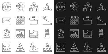Hiyerarşi organizogram çizelgesi iş stratejisi merdiveni bitiş bayrağı İnsanların ampulü, Takvim Zarfı yapboz ve evrak çantası simgesi. Vektör.
