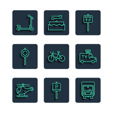 Helicopter Otoparkı, kargo kamyonu, trafik levhası, motosiklet, scooter ve TV haber simgesi. Vektör.