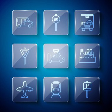 Uçak Treni ve Tren Otoparkı TV Haberleri, trafik trafik levhası Minibus ve Kargo gemisine kutu simgesi koyun. Vektör.