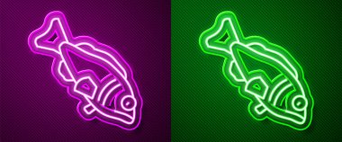 Parlayan neon hattı. Mor ve yeşil arkaplandaki balık simgesi. Vektör.