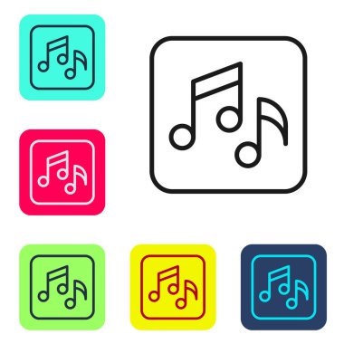 Siyah çizgi müzik notası, ton simgesi beyaz arkaplanda izole edilmiş. Renkli kare düğmelerle simgeleri ayarla. Vektör.