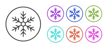 Beyaz arkaplanda siyah çizgi Kar Tanesi simgesi izole edildi. Mutlu Noeller ve mutlu yıllar. Simgeleri renklendirin. Vektör.