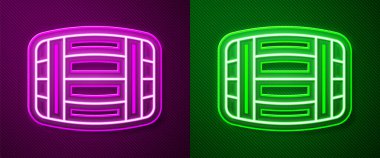Parlayan neon hattı ahşap varil ikonu, mor ve yeşil arka planda izole edilmiş. Alkol fıçısı, içki kabı, bira için tahta fıçı, viski, şarap. Vektör.