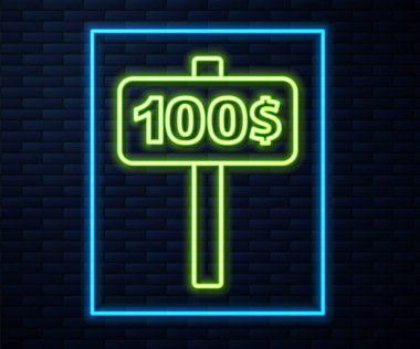 Glowing neon line Hand holding auction paddle icon isolated on brick wall background. Bidding concept. Auction competition. Hands rising signs with BID inscriptions. Vector.