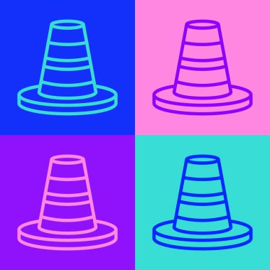 Pop sanat çizgisi trafik konisi simgesi renk arkaplanında izole edildi. Vektör.