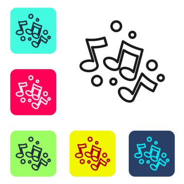 Siyah çizgi müzik notası, ton simgesi beyaz arkaplanda izole edilmiş. Renkli kare düğmelerle simgeleri ayarla. Vektör.
