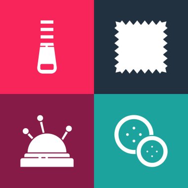 Pop sanat dikiş düğmesini, iğne ve iğneyi deri ve fermuar simgesini ayarlayın. Vektör.