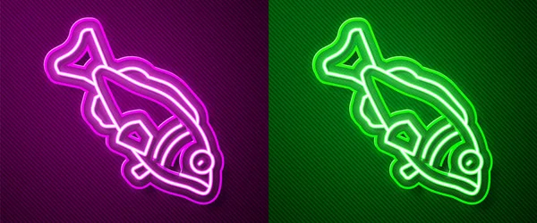 Zářící Neonová Čára Ikona Fish Izolovaná Fialovém Zeleném Pozadí Vektor — Stockový vektor