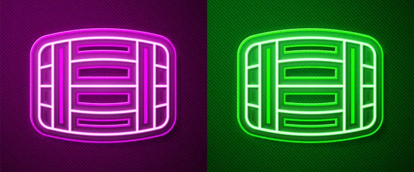 Zářící Neonová Čára Ikona Dřevěného Sudu Izolovaná Fialovém Zeleném Pozadí — Stockový vektor