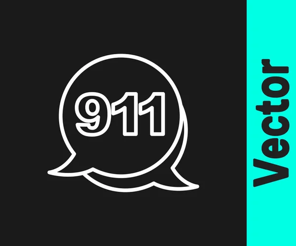 Weiße Linie Telefon Mit Notruf 911 Symbol Isoliert Auf Schwarzem — Stockvektor