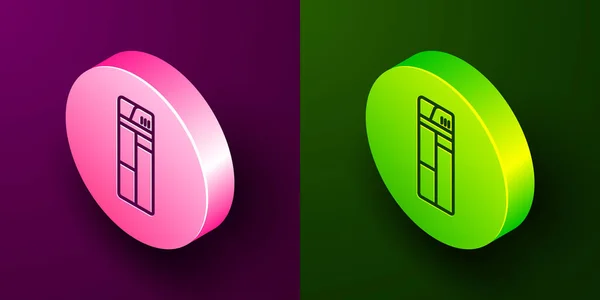 Ізометрична Лінія Піктограма Запальнички Ізольована Фіолетовому Зеленому Тлі Кнопка Кола — стоковий вектор