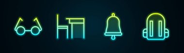 Sıralı gözlükler, okul masası ve sandalye, zil ve sırt çantası. Parlayan neon ikonu. Vektör.