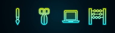 Çizgi fırçası, makas, dizüstü bilgisayar ve abaküs ayarlayın. Parlayan neon ikonu. Vektör.