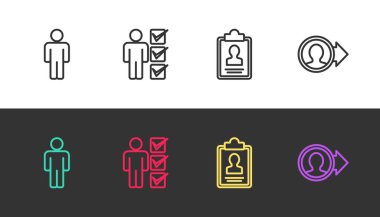 Satır Kullanıcı, iş elbisesi içinde, özgeçmişli pano ve siyah beyaz hesap ekranı oluşturun. Vektör.