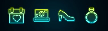 Takvim, fotoğraf makinesi, kadın ayakkabısı ve elmas nişan yüzüğü. Parlayan neon ikonu. Vektör.