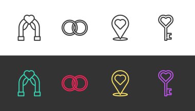 Çizgi, düğün kemeri, yüzükler, kalp ve anahtar şekilli siyah-beyaz yerler. Vektör.