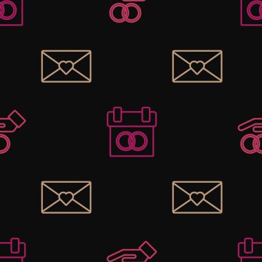 Alyansları ayarlayın. Zarfı Sevgililer Günü kalbinde ve takviminde kusursuz bir desen oluşturun. Vektör.