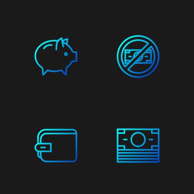 Sıra Stacks kağıt para, cüzdan, domuz kumbarası ve No. Renk simgeleri. Vektör.