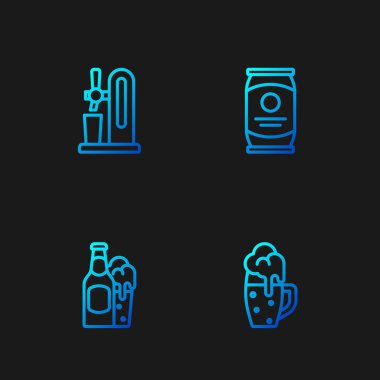 Bardak bardak bira, bira şişesi ve cam, musluk ve teneke. Renk simgeleri. Vektör.