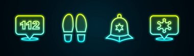 Telefon hattı 112, Footsteps, İngiliz polis kaskı ve Hexagram şerifi. Parlayan neon ikonu. Vektör.