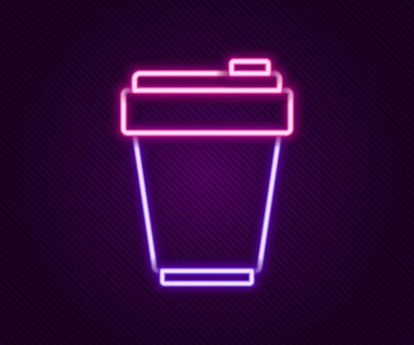 Parlayan neon hattı fitness karıştırıcı simgesi siyah arkaplanda izole edildi. Su ve protein kokteylleri için kapaklı spor karıştırıcı şişesi. Renkli taslak konsepti. Vektör.