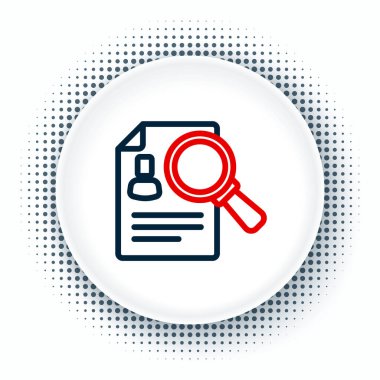 Çizgi Belgesi, kağıt analiz büyüteç simgesi beyaz arkaplanda izole edilmiş. Kanıt sembolü. Renkli taslak konsepti. Vektör.