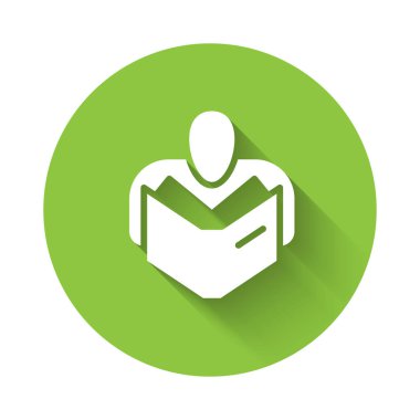 Beyaz adam uzun gölgeli kitap ikonu okuyor. Yeşil daire düğmesi. Vektör.