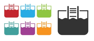 Beyaz arka planda izole edilmiş merdiven ikonu olan siyah yüzme havuzu. Simgeleri renklendirin. Vektör.