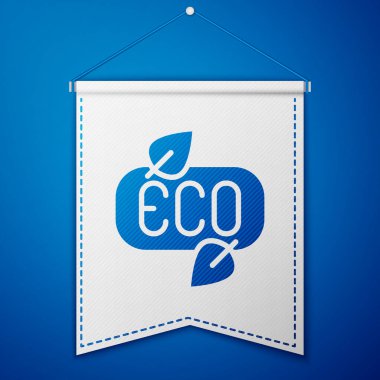 Mavi Yaprak Çevre sembolü mavi arkaplanda izole edilmiş. Pankart, etiket, etiket, logo, çevre yeşili etiketi. Beyaz flama şablonu. Vektör.